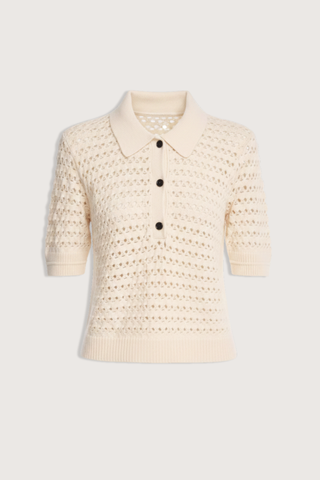 flat lay Lace Crochet Polo cream Shrunken silhouette
classic collar
Detailed with a special lace stitch
69% Cashmere 31% Cotton
Slim fit