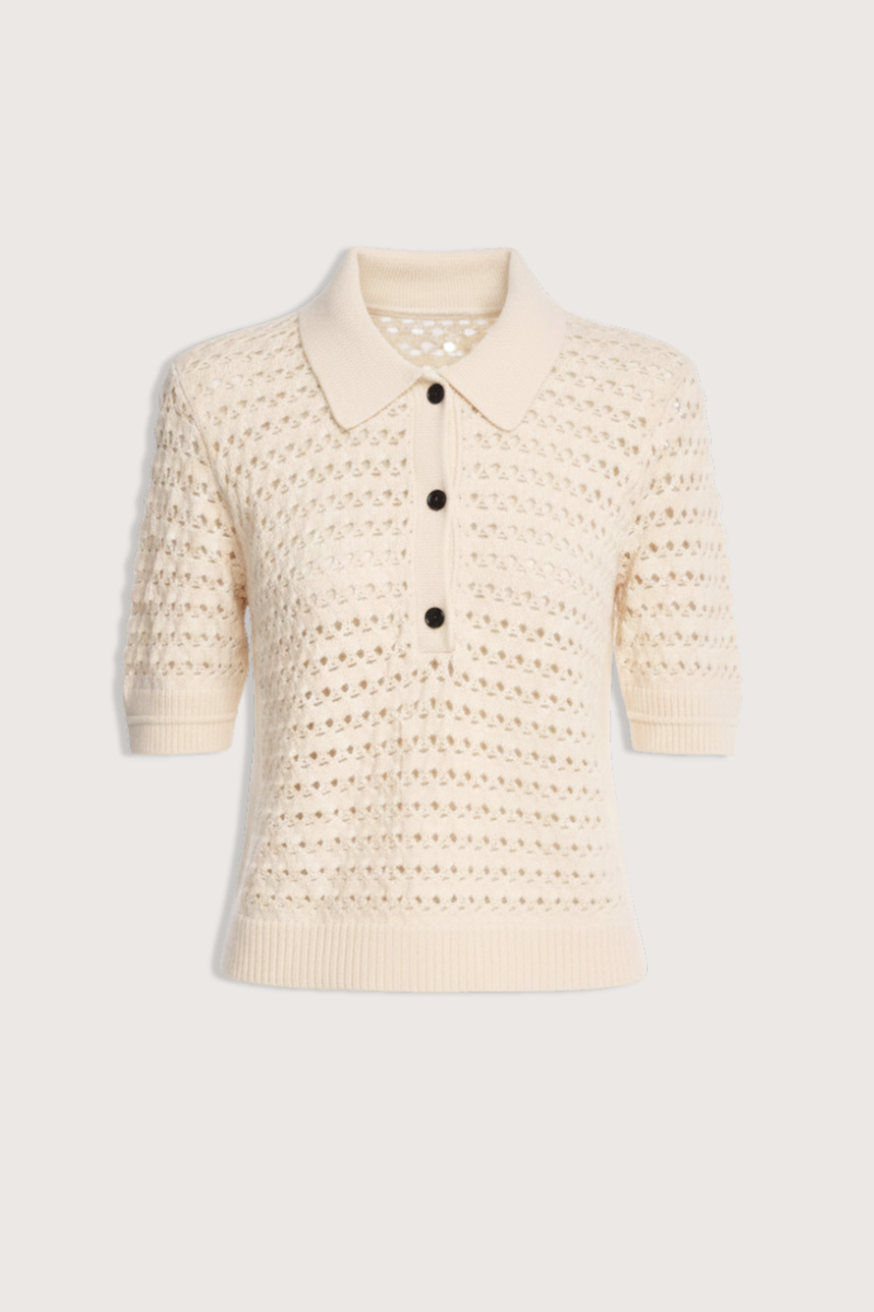 flat lay Lace Crochet Polo cream Shrunken silhouette
classic collar
Detailed with a special lace stitch
69% Cashmere 31% Cotton
Slim fit