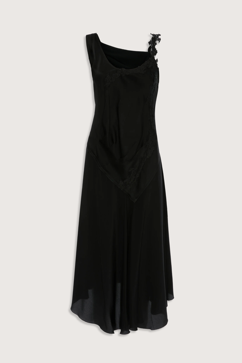 flat lay Lace Strap Dress Black Ankle length with asymmetric hem
Drape fabrication
Round front neckline
Covered back
Sleeveless
Trim lace detail
Zip fastening