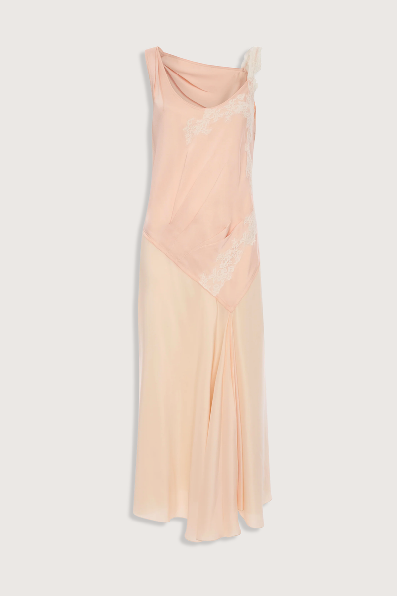 flat lay Lace Strap Dress Blossom peach pink Ankle length with asymmetric hem
Drape fabrication
Round front neckline
Covered back
Sleeveless
Trim lace detail
Zip fastening
71% Acetate 29% Viscose