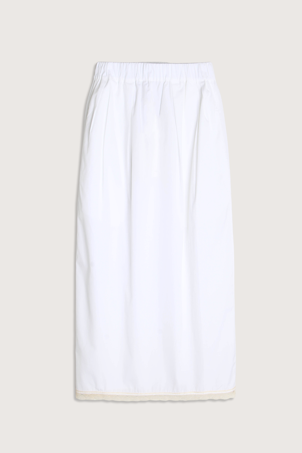 flat lay Lace Tulip Skirt White Tulip shaped 
Elastic waistband
Hidden side pockets
Midi length
Slit at back
White lace hem
 Organic Cotton sateen