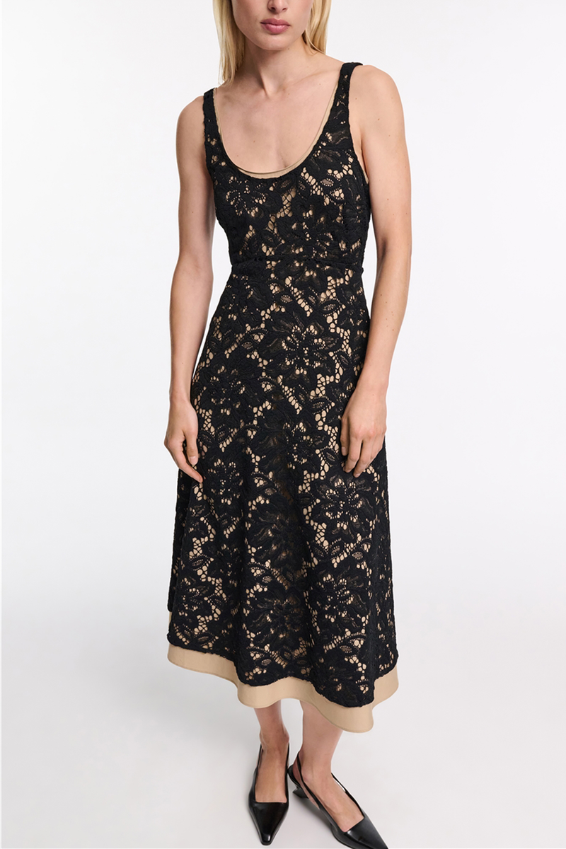 front profile model wearing Lacy Dream Sleeveless Dress empire waist ballerina neckline black beige