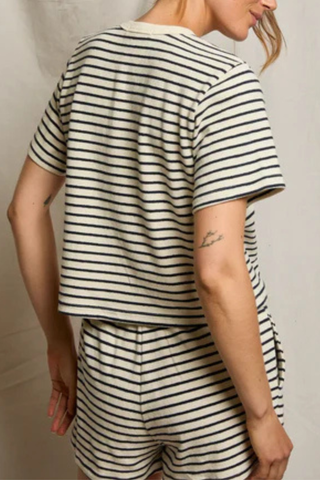 back profile model wearing  Lainey Brushed Rugby Crew T-shirt navy stripe 100% cotton
Boxy fit
Slightly cropped
Classic crew neck
Horizontal stripes