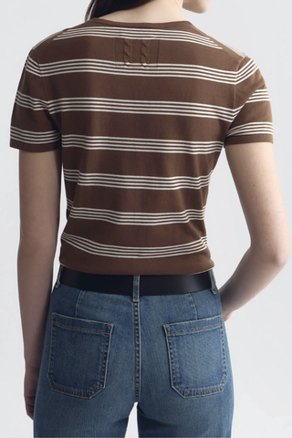 back profile model wearing Lanise Stripe Sweater Crewneck
Short sleeve
Slim fit
100% Cotton
Brown and white horizontal stripes