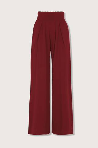 flat lay Lauren Fluid Knit Trouser Amarante red Flowing knit pants Supple jersey knit Wide scalloped waistband Box pleats on the front