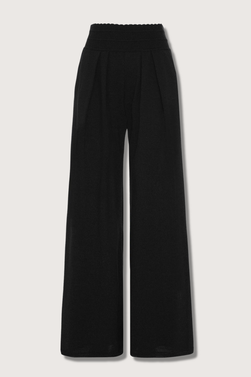flat lay Lauren Fluid Knit Trouser Black wool scallop waistband