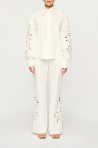 front profile model wearing Lavinia Long Sleeve Shirt cotton white with embroidery sleeve details