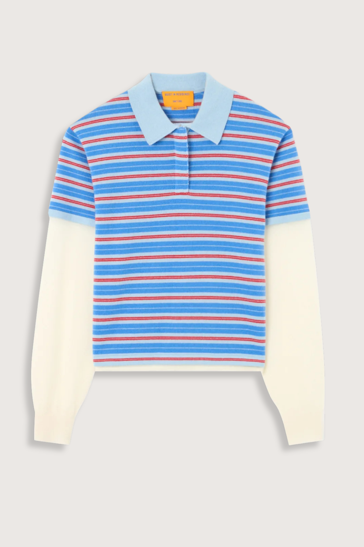 flat lay Layered Stripe Rugby Cashmere Clear Sky Combo LIGHT-WEIGHT STRIPED RUGBY
RIB POLO COLLAR
HIDDEN THREE BUTTON HALF PLACKET CLOSURE
DOUBLE LAYER SLEEVE- LONG SLEEVE IN FEATHER WEIGHT CASHMERE WITH RIB CUFF
DOUBLE LAYER HEM TRIM WITH SIDE SLIT
BACK NECK GIR BRANDING