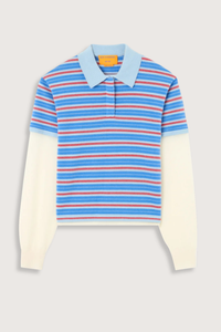 flat lay Layered Stripe Rugby Cashmere Clear Sky Combo LIGHT-WEIGHT STRIPED RUGBY
RIB POLO COLLAR
HIDDEN THREE BUTTON HALF PLACKET CLOSURE
DOUBLE LAYER SLEEVE- LONG SLEEVE IN FEATHER WEIGHT CASHMERE WITH RIB CUFF
DOUBLE LAYER HEM TRIM WITH SIDE SLIT
BACK NECK GIR BRANDING