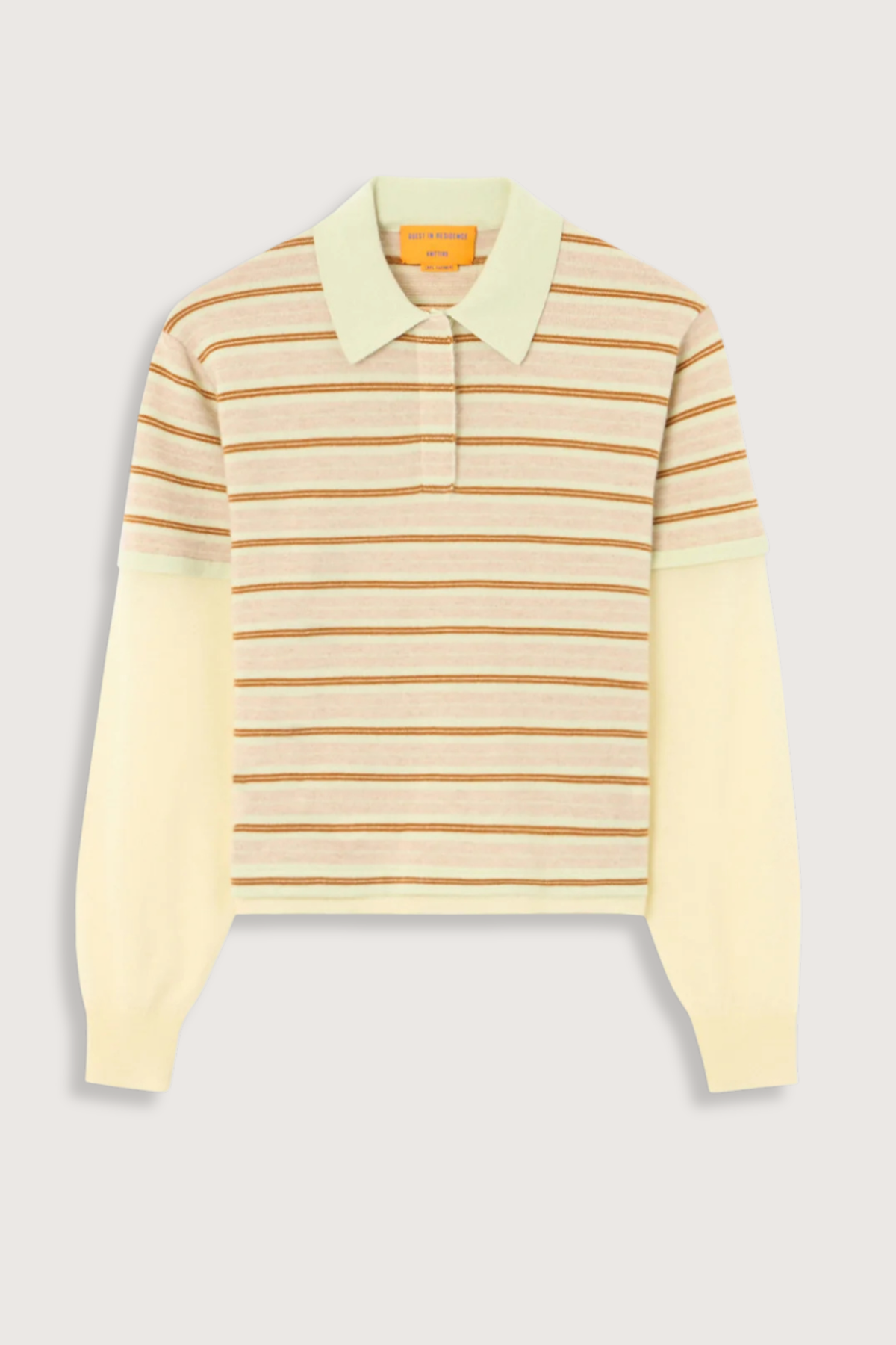 flat lay Layered Stripe Rugby Cashmere Limewash Combo LIGHT-WEIGHT STRIPED RUGBY
RIB POLO COLLAR
HIDDEN THREE BUTTON HALF PLACKET CLOSURE
DOUBLE LAYER SLEEVE- LONG SLEEVE IN FEATHER WEIGHT CASHMERE WITH RIB CUFF
DOUBLE LAYER HEM TRIM WITH SIDE SLIT
BACK NECK GIR BRANDING