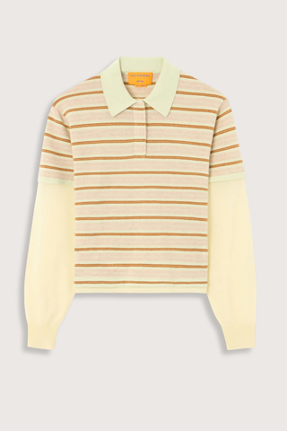 flat lay Layered Stripe Rugby Cashmere Limewash Combo LIGHT-WEIGHT STRIPED RUGBY
RIB POLO COLLAR
HIDDEN THREE BUTTON HALF PLACKET CLOSURE
DOUBLE LAYER SLEEVE- LONG SLEEVE IN FEATHER WEIGHT CASHMERE WITH RIB CUFF
DOUBLE LAYER HEM TRIM WITH SIDE SLIT
BACK NECK GIR BRANDING