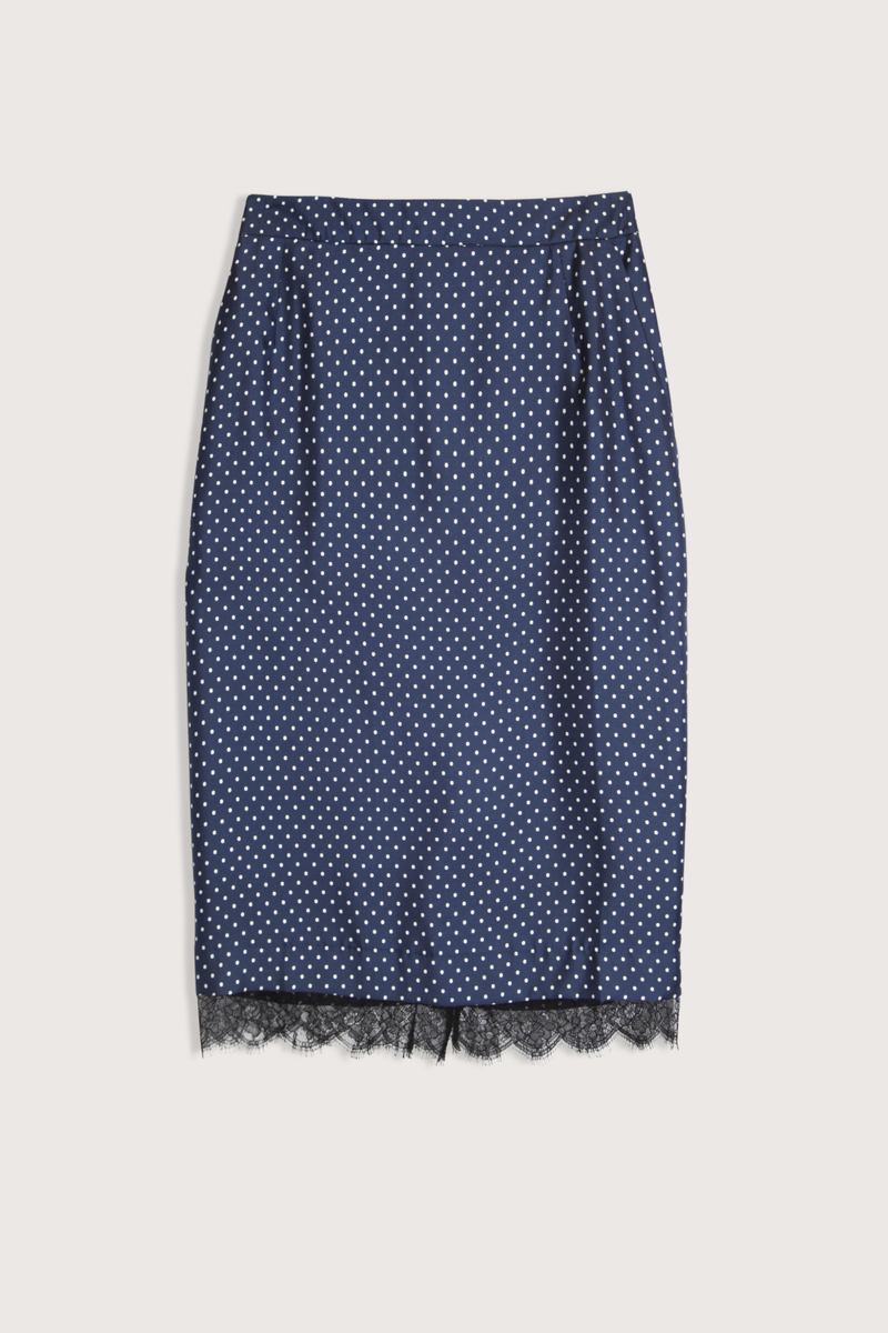 flat lay Layla Pencil Skirt With Lace Trim marine navy 100% Silk