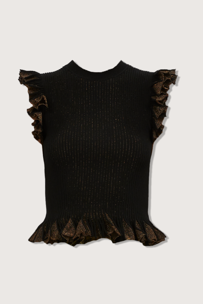 flat lay Leila Top Noir Ruffled hem
Sunburst knit rendered in a lush green hue with shimmering lurex.
slim fit
Crew neckline
Flutter sleeves