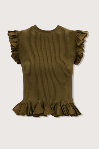 flat lay Leila Top Olive Ruffled hem
Sunburst knit rendered in a lush green hue with shimmering lurex. slim fit
Crew neckline
Flutter sleeves
