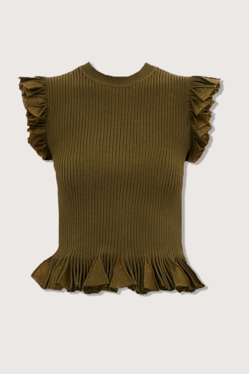 flat lay Leila Top Olive Ruffled hem
Sunburst knit rendered in a lush green hue with shimmering lurex. slim fit
Crew neckline
Flutter sleeves