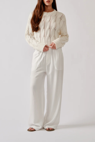 front profile model wearing  Lenon B Utility Pull On Pant white Relaxed fit
Pull-on waist
Utility style pant
Washed lightweight viscose twill