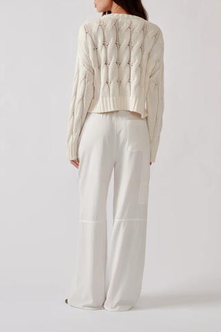 back profile model wearing  Lenon B Utility Pull On Pant white Relaxed fit
Pull-on waist
Utility style pant
Washed lightweight viscose twill