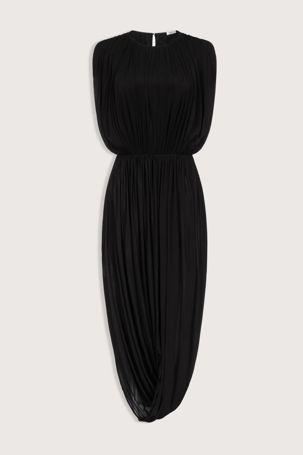 flat lay Leonora Draped Column Dress Black Fluid, lightweight crepe jersey dress
Intentional gathering at the waist for subtle shaping
Hook-n-eye closure in the back
88% cupro, 12% elastane