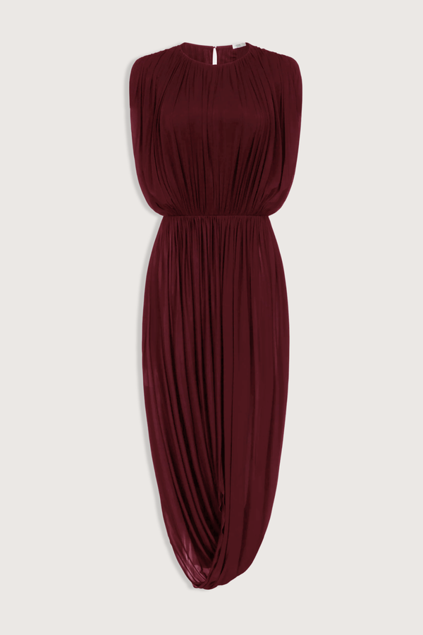 flat lay Leonora Draped Column Dress Bordeaux Fluid, lightweight crepe jersey dress
Intentional gathering at the waist for subtle shaping
Hook-n-eye closure in the back

88% cupro, 12% elastane