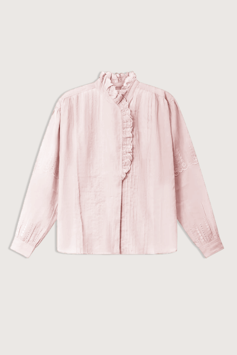 flat lay Leota Romantic Cotton Voile Embroidered Top Light Pink blouse
Relaxed fit
Front button closure
Asymmetric embroidered ruffled neckline
Front pleats
Wide sleeves with placement embroidery
Gathered button cuffs
Back gathers
Curved hem

100% Cotton