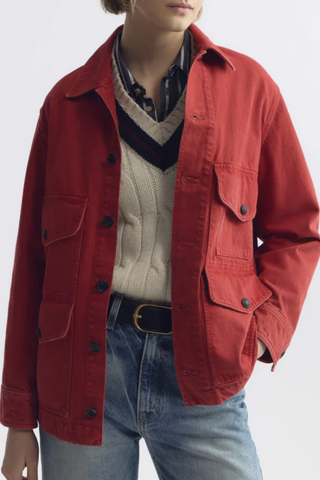 front profile model wearing Leroy Barn Jacket Soft Denim scarlet red 100% Cotton
Soft Denim
4 front flat pockets with buttons
Button front closure
Relaxed fit