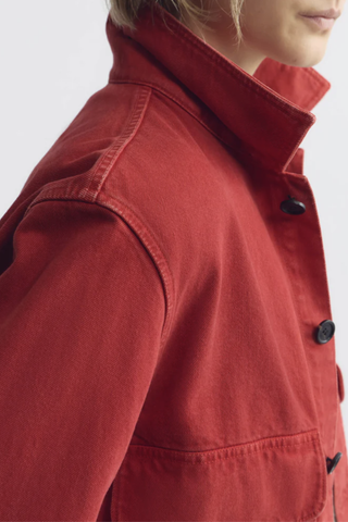 close up collar and button detail for Leroy Barn Jacket Soft Denim scarlet red 100% Cotton
Soft Denim
4 front flat pockets with buttons
Button front closure
Relaxed fit