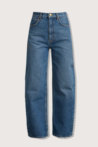 flat lay Leroy Mid Relaxed Jean blue wash Arched leg shape Mid rise Relaxed fit Barrel-legged silhouette