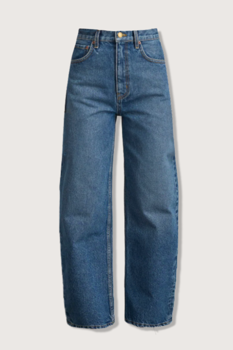 flat lay Leroy Mid Relaxed Jean blue wash Arched leg shape Mid rise Relaxed fit Barrel-legged silhouette