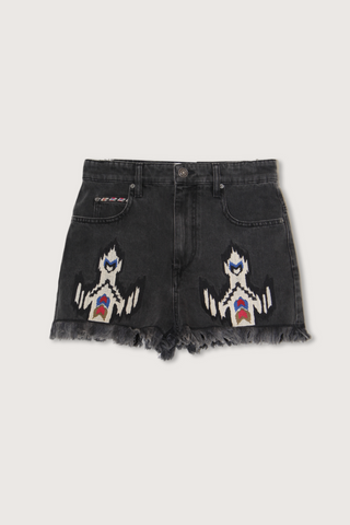 flat lay front Lesia Cotton/Hemp Embroidered denim Short frayed hem