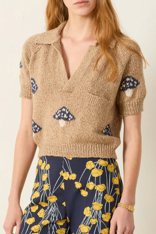 front profile model wearing Lessi Mushroom Knit Top Polo style
Single chest pocket
Open placket
A spotted mushroom motif adds a bit of magic
Slightly cropped silhouette.
slim-fitting cut.
68% Baby Alpaca / 32% Peruvian Pima Cotton