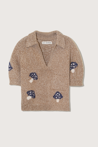  flatlay Lessi Mushroom Knit Top Polo style
Single chest pocket
Open placket
A spotted mushroom motif adds a bit of magic
Slightly cropped silhouette.
slim-fitting cut.
68% Baby Alpaca / 32% Peruvian Pima Cotton