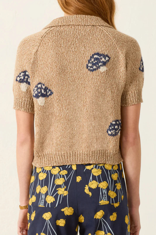 back profile model wearing Lessi Mushroom Knit Top Polo style
Single chest pocket
Open placket
A spotted mushroom motif adds a bit of magic
Slightly cropped silhouette.
slim-fitting cut.
68% Baby Alpaca / 32% Peruvian Pima Cotton