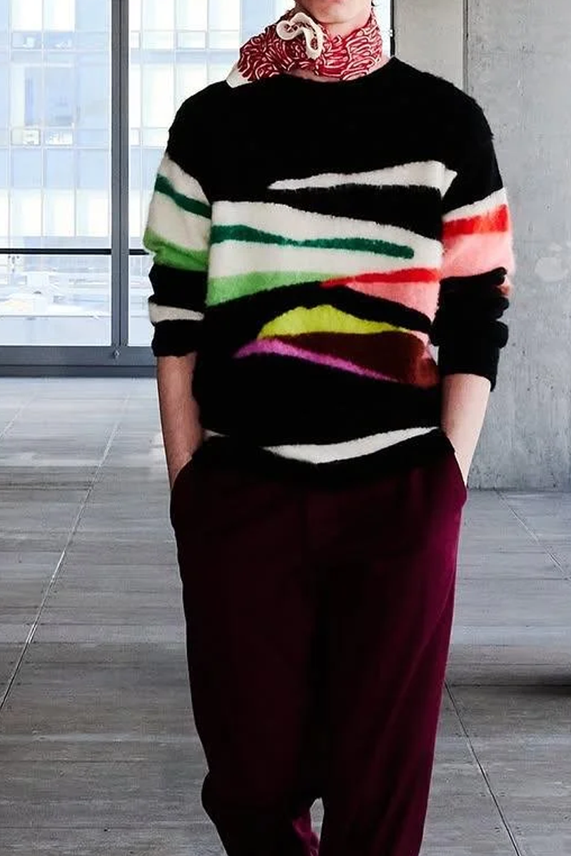 model wearing Lewis Brushed Mohair long sleeve black multicolor