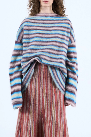 front profile model wearing Lewis Crew Space Dyed Brushed Mohair Sweater stripe crewneck boxy fit