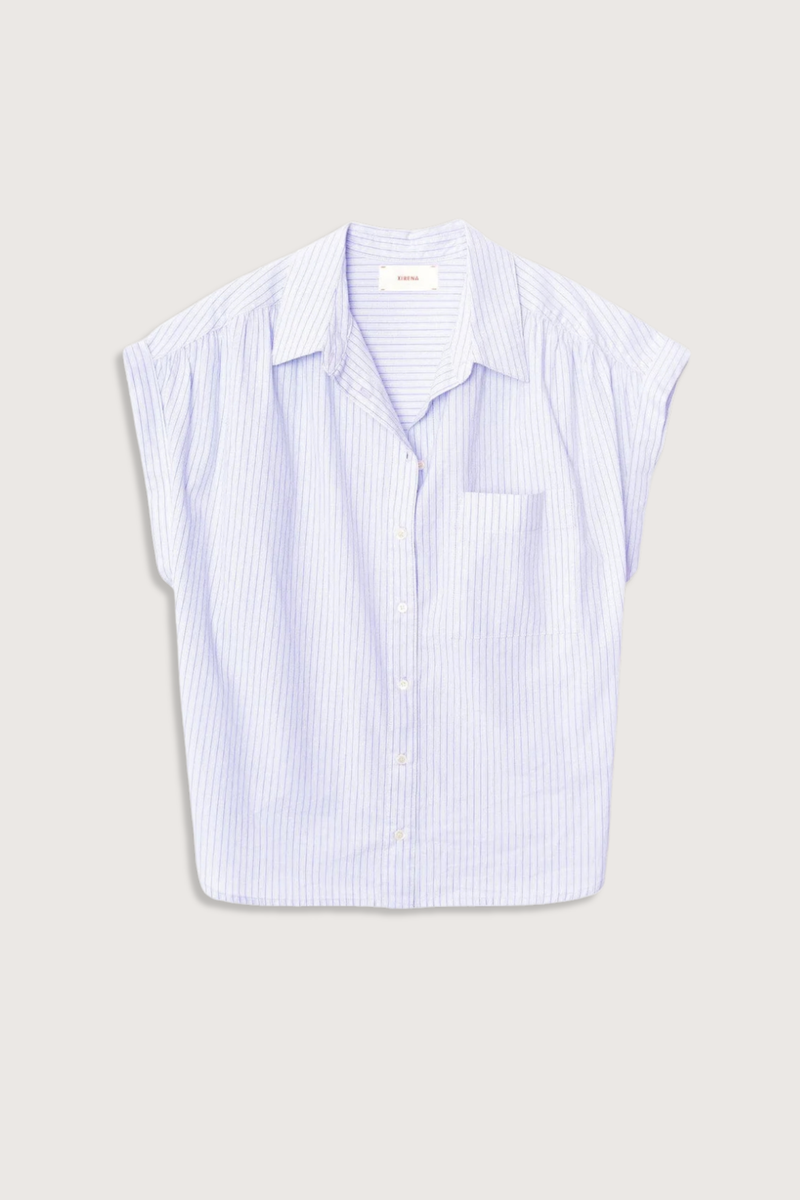 front flat lay Lexi Short Sleeve Stripe Shirt Blue cotton Button-front shirt
Left chest pocket
Cap sleeves
Softly shirred shoulders
Back yoke
Button-tab detail