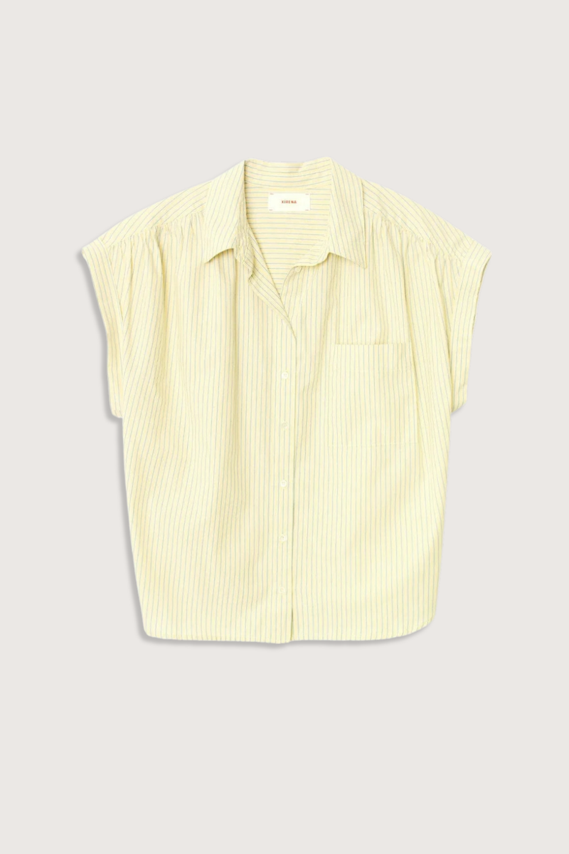 front flat lay Lexi Short Sleeve Stripe Shirt Citrine yellow cotton
Button-front shirt
Left chest pocket
Cap sleeves
Softly shirred shoulders
Back yoke
Button-tab detail