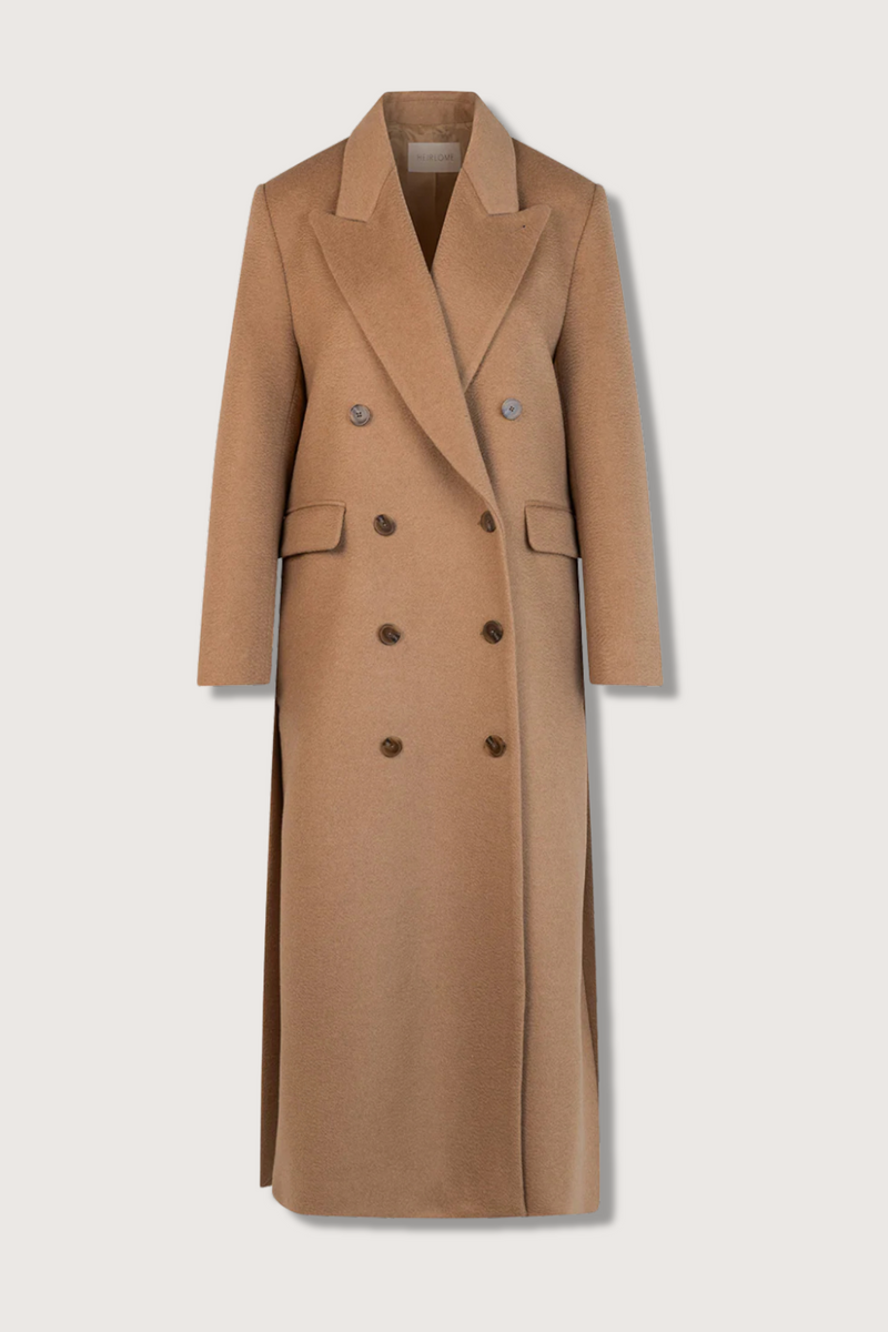 flat lay Lilli Coat Camel Italian camel hair double breasted tailored fit leather under collar front flap pockets wide peak lapels side and back vent