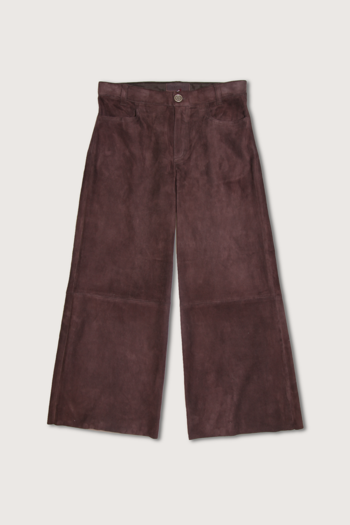 flat lay Lilou Straight Leg Suede cropped Pant  Castor button closure