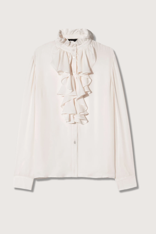 flat lay Lily Silk Blouse ivory Ruffle collar
Collar stand
Cascading ruffle detail at bib
Buttons at cuffs
Straight hem