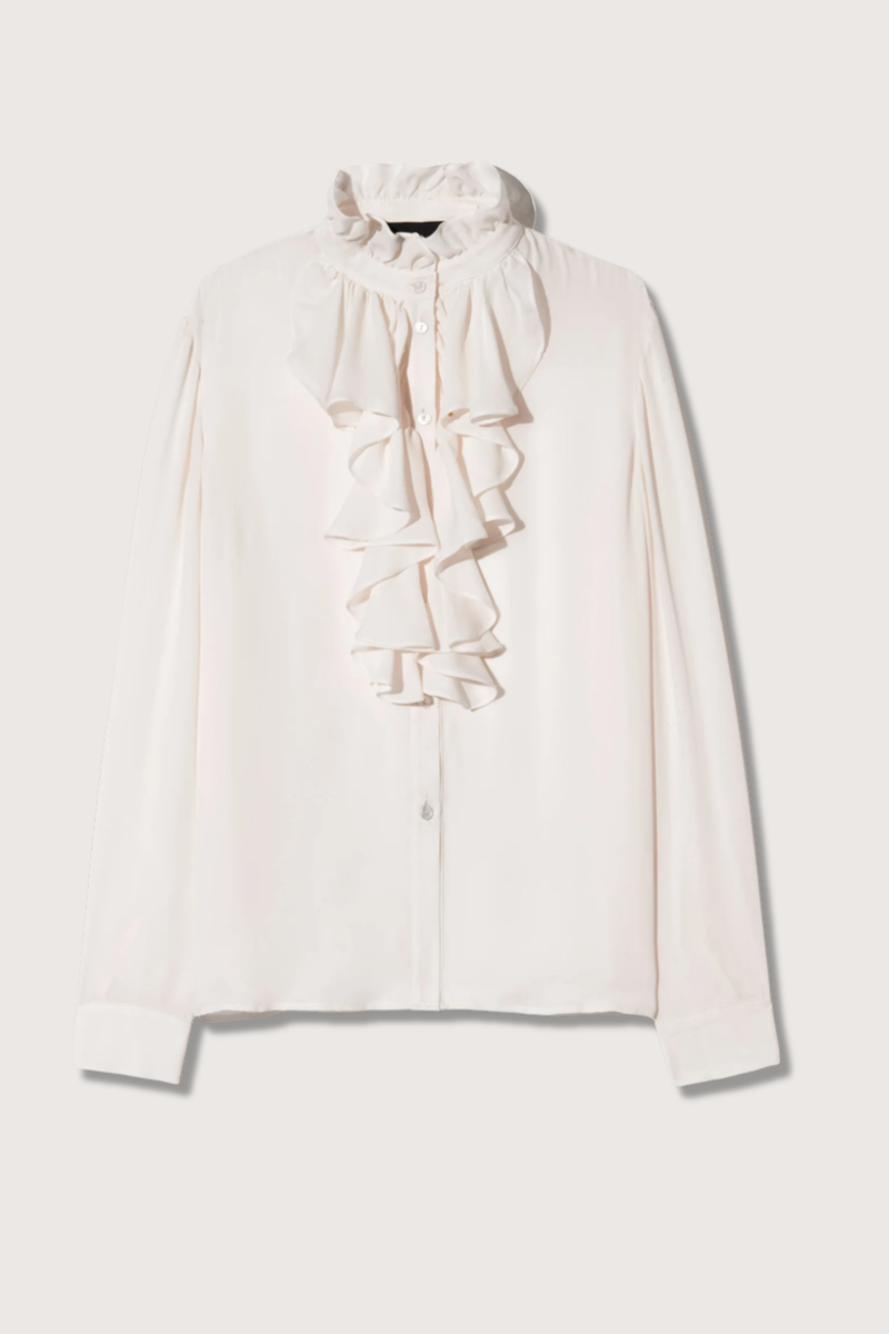 flat lay Lily Silk Blouse ivory Ruffle collar
Collar stand
Cascading ruffle detail at bib
Buttons at cuffs
Straight hem