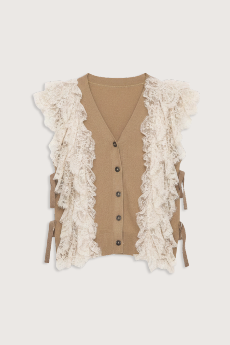 flat lay Lisette Solid Sweater Vest khaki Lace Detail
V-neckline
Button front closure
Wool lace combo
Cap sleeve
Tie detail on the side
Self: 100% Wool | Decoration: 100% Polyamide