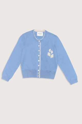 flat lay Lona Cardigan blue grey Cotton and wool blend knit sweater
Double rounded neckline with contrasting trim
Long sleeves
Intarsia chest logo
Ribbed finishes
Fitted cut
70% cotton (1), 30% wool