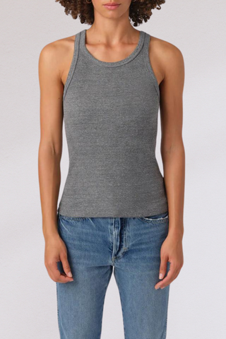 front profile model wearing Long Rib Tank  Heather Grey cotton by amo