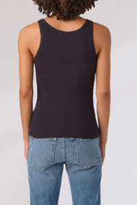 back profile model wearing Long Rib Tank Vintage Black cotton by amo