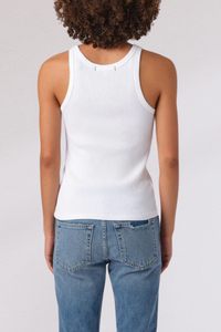 back profile model wearing Long Rib Tank White cotton by amo