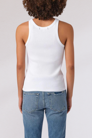 back profile model wearing Long Rib Tank White cotton by amo