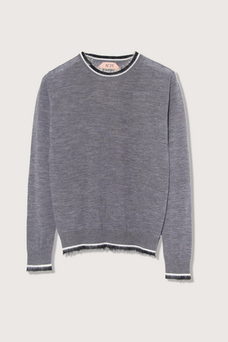 flat lay Long Sleeve Crew Neck sweater With Trim grey with stripe detail on cuff, hem and collar