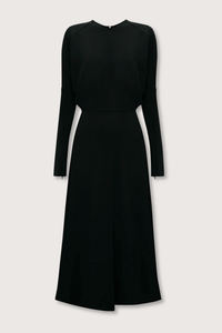 flat lay Long Sleeve Dolman Midi Dress Black Long sleeve
Round neckline
Defined waist
Draped feature at sleeve underarm, fitted sleeve through the forearm
Midi length silhouette
Tonal topstitching
voluminous underarm drape
Fitted at the waist and more relaxed fit through bodice and hip
Concealed zip with hook and eye closure at back
Concealed zip opening at cuff