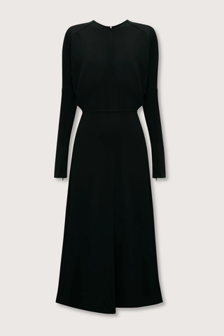 flat lay Long Sleeve Dolman Midi Dress Black Long sleeve
Round neckline
Defined waist
Draped feature at sleeve underarm, fitted sleeve through the forearm
Midi length silhouette
Tonal topstitching
voluminous underarm drape
Fitted at the waist and more relaxed fit through bodice and hip
Concealed zip with hook and eye closure at back
Concealed zip opening at cuff