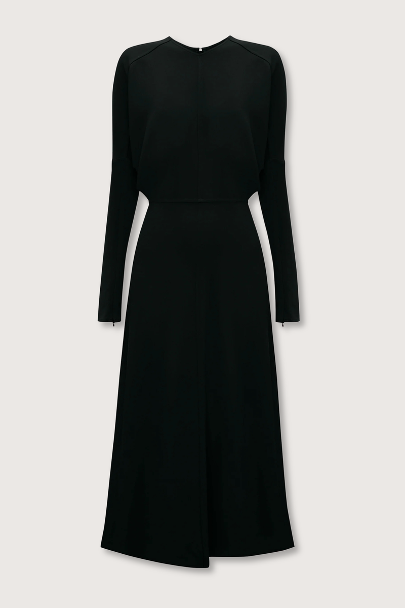 flat lay Long Sleeve Dolman Midi Dress Black Long sleeve
Round neckline
Defined waist
Draped feature at sleeve underarm, fitted sleeve through the forearm
Midi length silhouette
Tonal topstitching
voluminous underarm drape
Fitted at the waist and more relaxed fit through bodice and hip
Concealed zip with hook and eye closure at back
Concealed zip opening at cuff